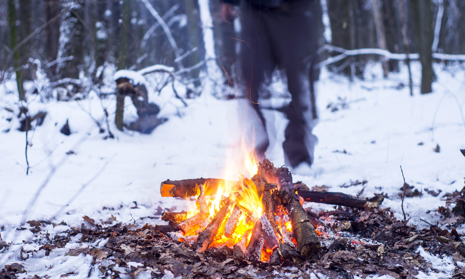 Fire roaring in snow