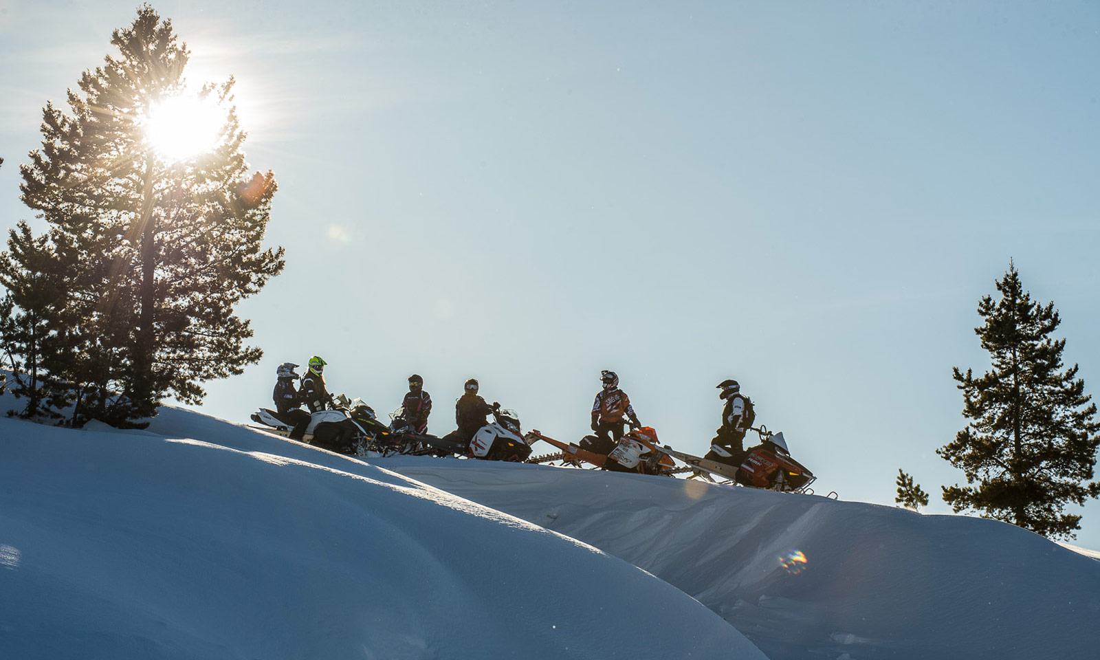 Snowmobilers on top of sunny slope