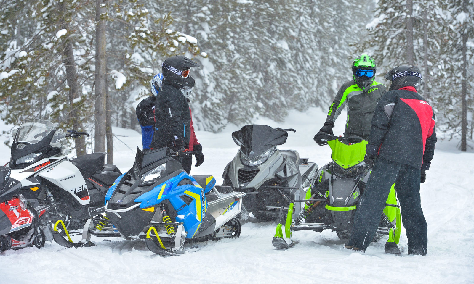 Snowmobilers talking around their snowmobiles